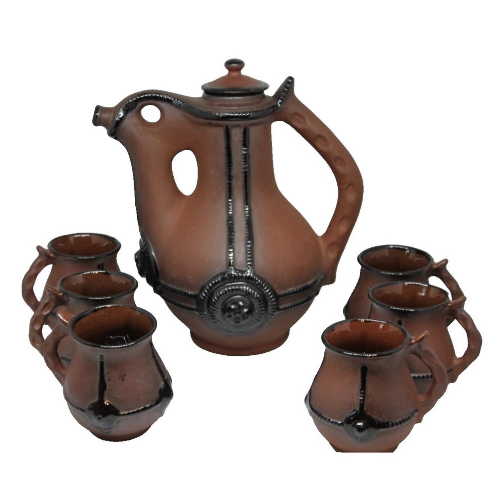 Bulgarian Clay Pottery Pitcher w/Sculptural Handle Decorative Elements 6 Mugs